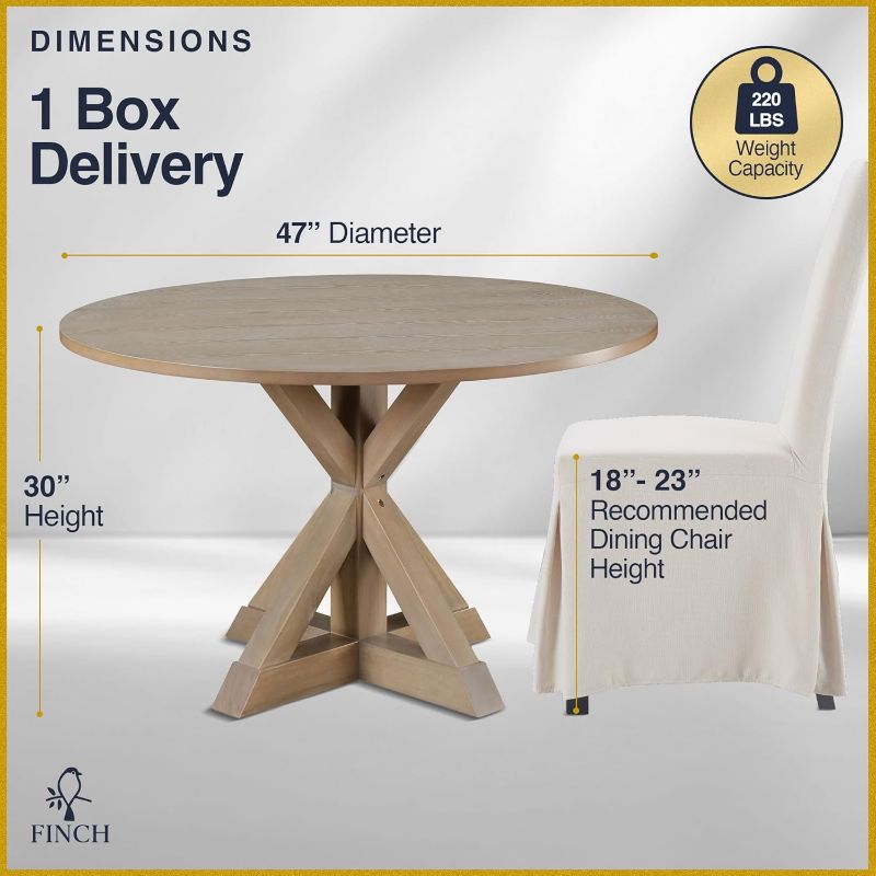 Photo 1 of ***IMAGE FOR REFERENCE***
Finch Alfred Round Solid Wood Rustic Dining Table for Farmhouse Kitchen Room Decor, Wooden Trestle Pedestal Base, 46.5" Wide Circular Tabletop, Distressed Beige, 47 in x 47 in x 29.2 in