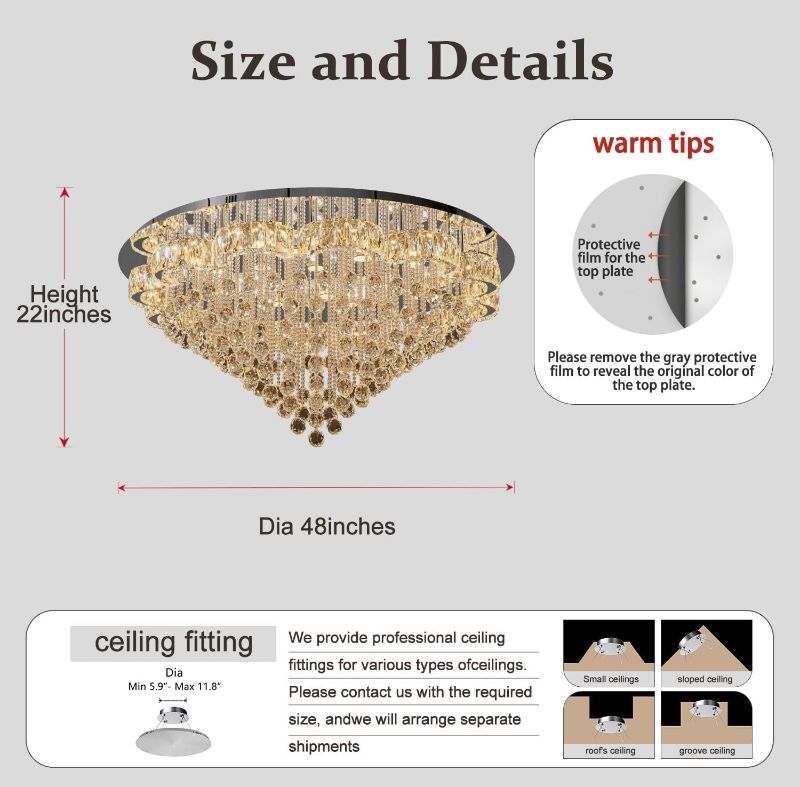 Photo 2 of ***TRUCK / TRAILER PICK UP***
Flashing God Dia 48" Large Chandelier Crystal Gold Ceiling Light Fixtures LED Flush Mount Ceiling Light for Living Room Bedrooms Dining Room Dimmable 2700k 4500k 6000k