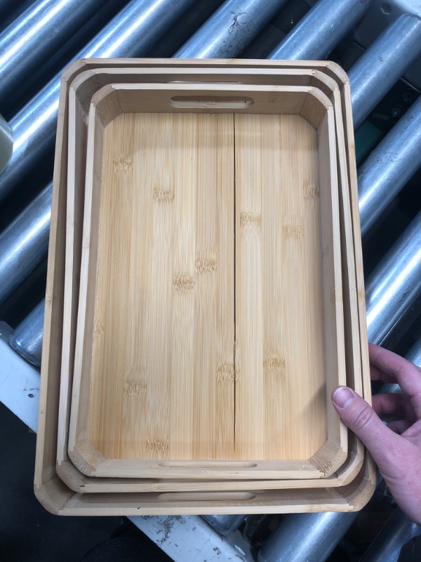 Photo 2 of (DAMAGED) Defined Deco 3 Pack Bamboo Serving Tray with Handles for Food, Large Rectangular Wooden Breakfast Tray for Eating on Couch, Decorative Serving Platter Bed Trays for Bedroom, Kitchen, Living Room