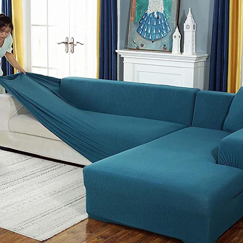 Photo 1 of ****STOCK PHOTO REFERENCE ONLY****UNSURE SIZE, FITS TWO SEATS IN ONE, 2 PACK**Thick Couch Covers for 1 2 3 4 Seater, Sectional Sofa L Shape Stretch Slipcover Living Room Dogs Pets, Washable Durable Furniture Protector (Blue) CHUNXINMAKIE
