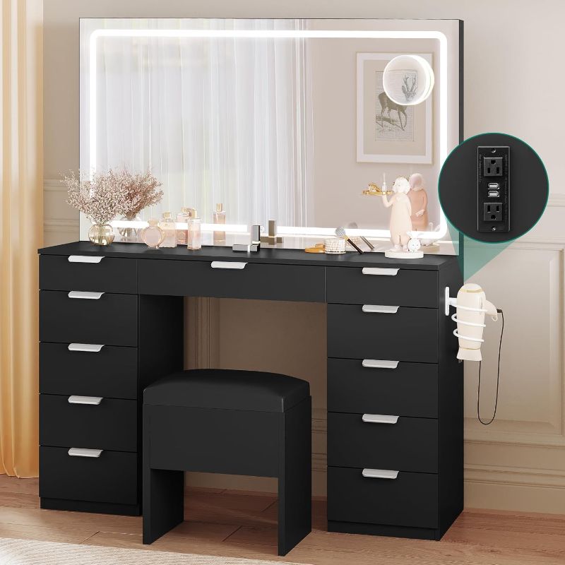 Photo 1 of ***NONREFUNDABLE - INCOMPLETE - SEE COMMENTS***
YITAHOME 46'' Vanity Desk Set with Large LED Lighted Mirror, Makeup Vanity with 11 Drawers, Power Outlet, and Magnifying Glass, Dressing Table Complemented with Storage Stool for Bedroom, Jet Black