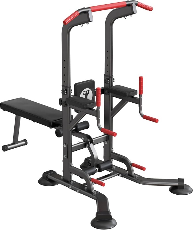 Photo 1 of  SogesPower Power Tower Pull Up Bar Station Multi-Function Adjustable Height Workout Dip Station Strength Training Equipment for Home Gym Fitness Equipment with Folding Multi-purpose Dumbbell Bench 330LBS