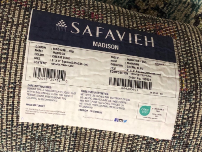 Photo 4 of ***USED - DIRTY - NO PACKAGING - SEE PICTURES***
SAFAVIEH Madison Collection Area Rug - 8' Square, Cream & Blue, Boho Chic Medallion Distressed Design, Non-Shedding & Easy Care, Ideal for High Traffic Areas in Living Room, Bedroom (MAD473B)