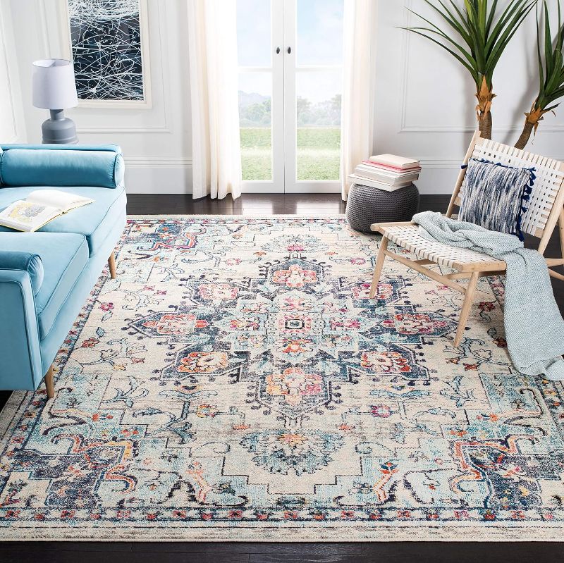 Photo 1 of ***USED - DIRTY - NO PACKAGING - SEE PICTURES***
SAFAVIEH Madison Collection Area Rug - 8' Square, Cream & Blue, Boho Chic Medallion Distressed Design, Non-Shedding & Easy Care, Ideal for High Traffic Areas in Living Room, Bedroom (MAD473B)