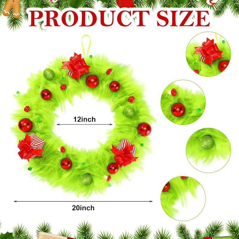 Photo 1 of (BAGGED) Lyrow Christmas Wreath Green Elf Wreath 20 Inch Lime Green Plush Xmas Door Wreath Elf Wreath Winter Wreath with Mini Christmas Balls, Gift Boxes for Front Door Wall Window Fireplace Door Tree Decor