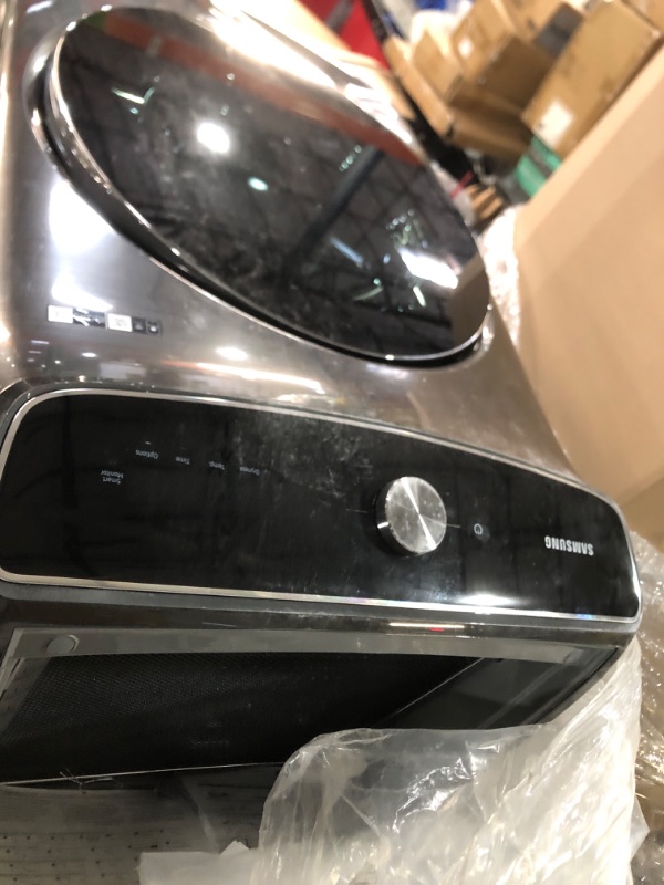 Photo 3 of ***DAMAGED - DENTED - UNTESTED - SEE PICTURES***
SAMSUNG 7.5 Cu. Ft. Smart Dial Gas Dryer with FlexDry, Dry 2 Loads in 1 Large Capacity Machine, Super Speed 30 Minute Clothes Drying Cycle, WiFi Connected Control, DVG60A9900V/A3, Brushed Black