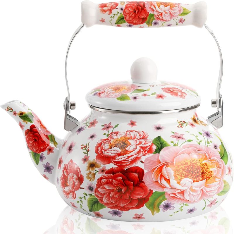 Photo 1 of ***STOCK PHOTO REFERENCE ONLY***DOITOOL Ceramic Enamel Teapot Tea Kettle: 2. 5L Stainless Steel Stove Top Tea Kettle with Handle Flower Coffee Kettle Flat Bottom Kettle Warmer Teakettle for Stovetop?Random Color?