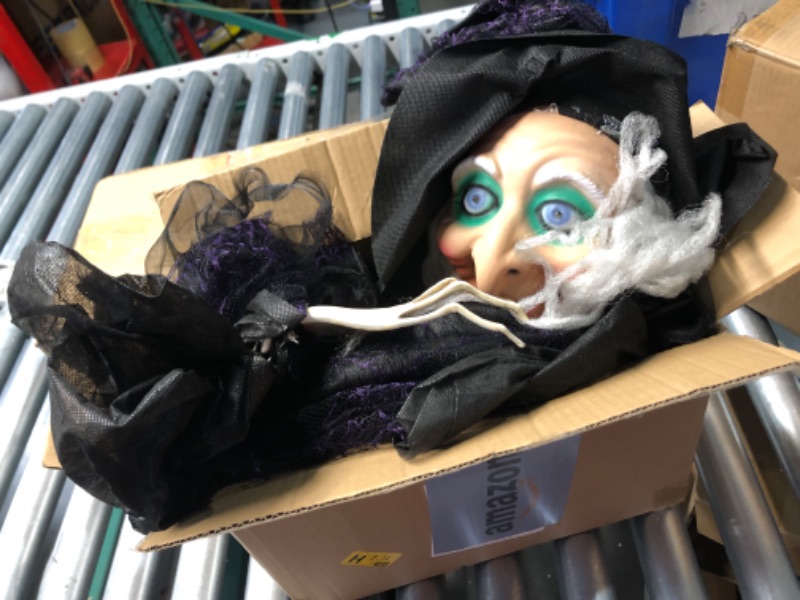 Photo 3 of ***USED - UNABLE TO TEST - LIKELY MISSING PARTS***
JOYIN 72” Hanging Witch Decor Halloween Decorations Indoor, Talking Halloween Witch on Broom Light Up Witch Decoration Purple Eyes Sound Activation Haunted House Party Supplies Prop Décor Modern