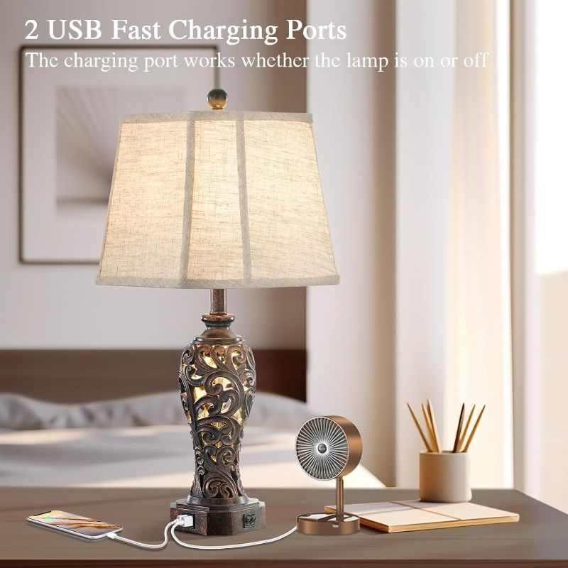 Photo 1 of ***USED - NO BULBS - UNABLE TO TEST***
Reyokale Set of 2 Farmhouse Table Lamps for Living Room, Rustic Vintage Nightstand Lamp with 2 USB Port, Bronze Resin Lamps for Bedroom End Table with Hollow Out Nightlight, 2 Bulbs Included