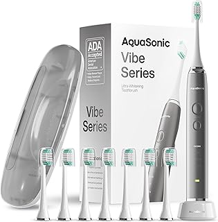 Photo 1 of (Charcoal Metallic) - Aquasonic Vibe Series Ultra Whitening Electric Toothbrush - 8 Dupont Brush Heads & Travel Case Included