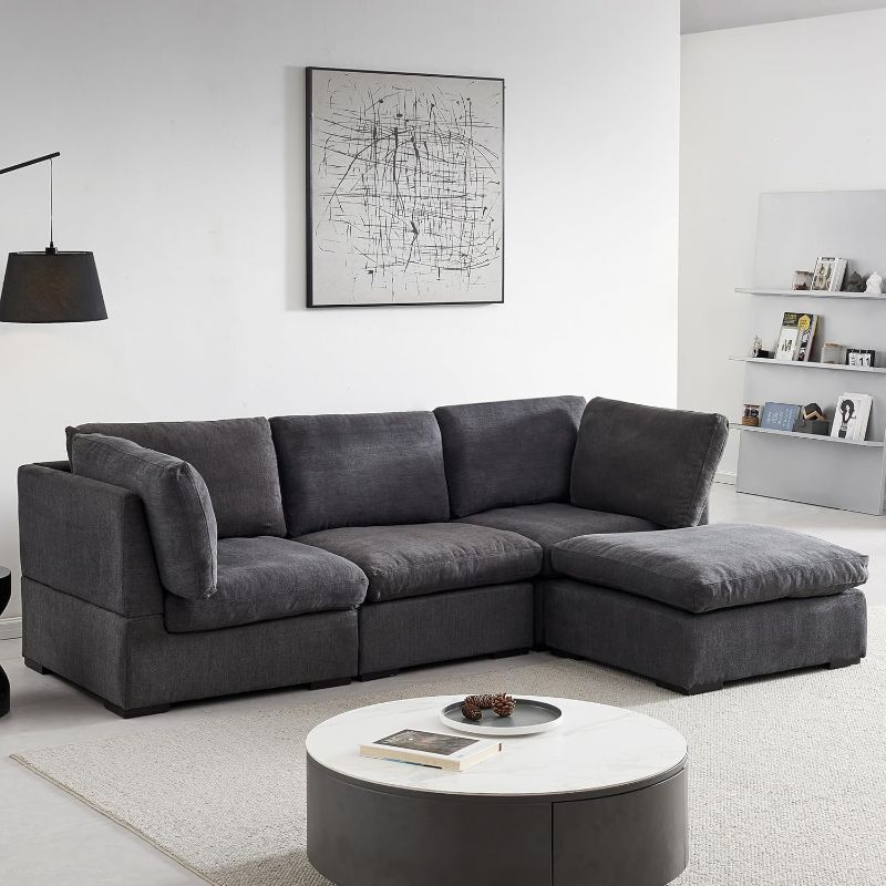 Photo 1 of ***NONREFUNDABLE - INCOMPLETE - SEE COMMENTS***
Modern Luxury Down Filled L-Shaped Sectional Sofa Set, Minimalist Style Linen Fabric Upholstery Modular Fluffy Cloud Couch with Convertible Ottoman Chaise (Dark Grey, L-Shaped Down)