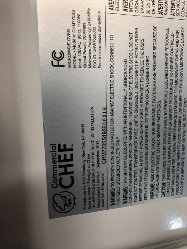 Photo 9 of ***NONREFUNDABLE - MAJOR DAMAGE - FOR PARTS ONLY - SEE COMMENTS***
COMMERCIAL CHEF 0.7 Cubic Foot Microwave with 10 Power Levels, Small Microwave with Push Button, 700W Countertop Microwave up to 99 Minute Timer and Digital Display, Stainless Steel