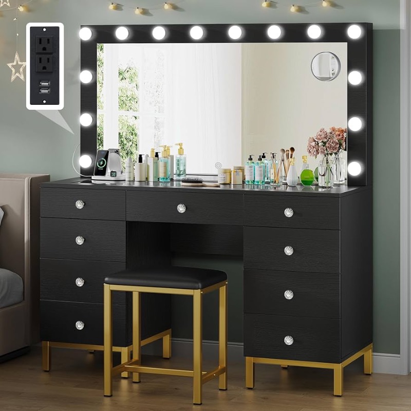 Photo 1 of ***STOCK PHOTO REFERENCE ONLY***DWVO Black Vanity Desk with Large Mirror, Lights and Charging Station - Large Makeup Table Set with 14 LED Lights Bulbs, Magnifying Glass Drawers and 3 Light Modes, Upgraded