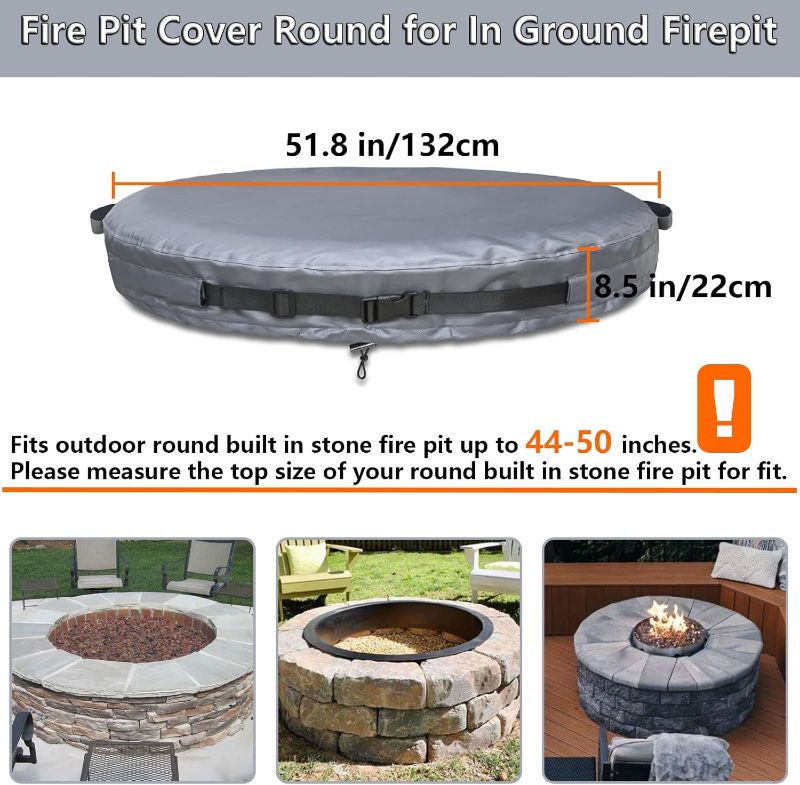 Photo 3 of (BAGGED) Firepit Covers Round for In Ground Firepit, 44-50 Inch Waterproofing Outdoor Patio Built in Fire Pit Cover, Large Backyard Fire Pit Cover Round for Protection Against Rain and Snow, Grey
