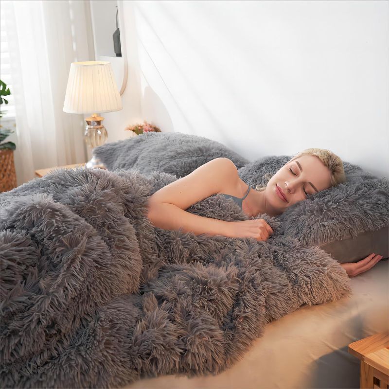 Photo 1 of **DUVET COVER ONLY** Sasttie Fluffy Duvet Cover Queen Size, 3 Pieces Shaggy Fuzzy Queen Duvet Cover Set, Grey Flannel Plush Faux Fur Duvet Cover with Zipper Closure, Corner Ties, 2 Pillowshams (90x90 Inch)