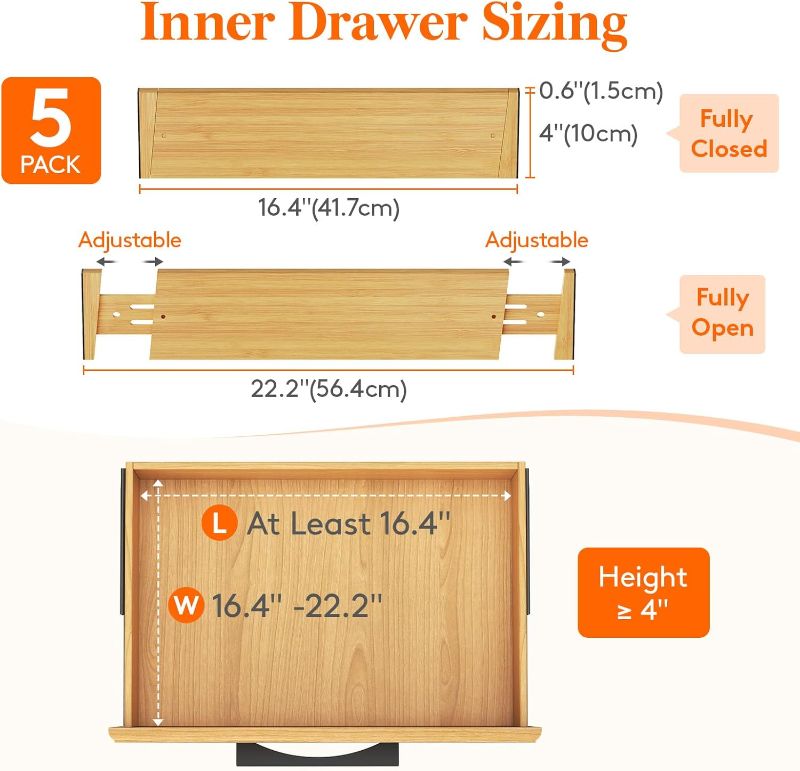 Photo 3 of (FAIR) Lifewit 5 Pack Drawer Dividers Bamboo 4" High, 16-22" Adjustable Drawer Organizers for Clothes, Expandable Dresser Separators in Bedroom/Bathroom/Kitchen/Fridge/Office Organization and Storage