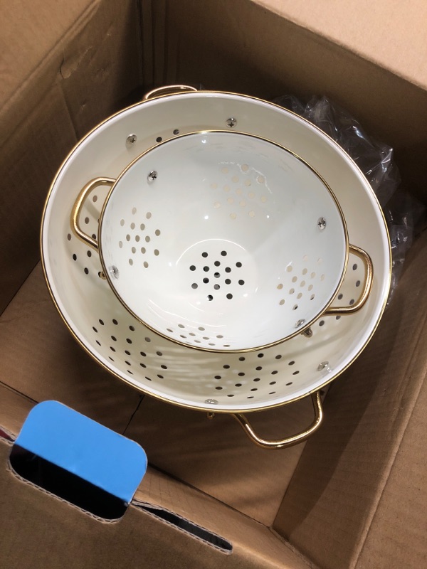 Photo 3 of ***(MISSING THE LARGEST STRAINER)***

Metal Colander Set of 3, Strainer Basket with Handles perfect for Spaghetti, Pasta, Berry, Vegetable, Fruit, Solid Base Powder Coated Kitchen Essential Strainer Set, 1 & 3.5 & 5 Qt (Cream)