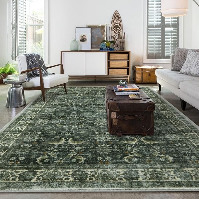 Photo 1 of Anidaroel Living Room Rug 8x10, Washable Distressed Green Large Area Rug, Non Slip Stain Resistant Dining Room Mat, Soft Boho Floral Rug for Bedroom Accent Floor Carpet for House Decor