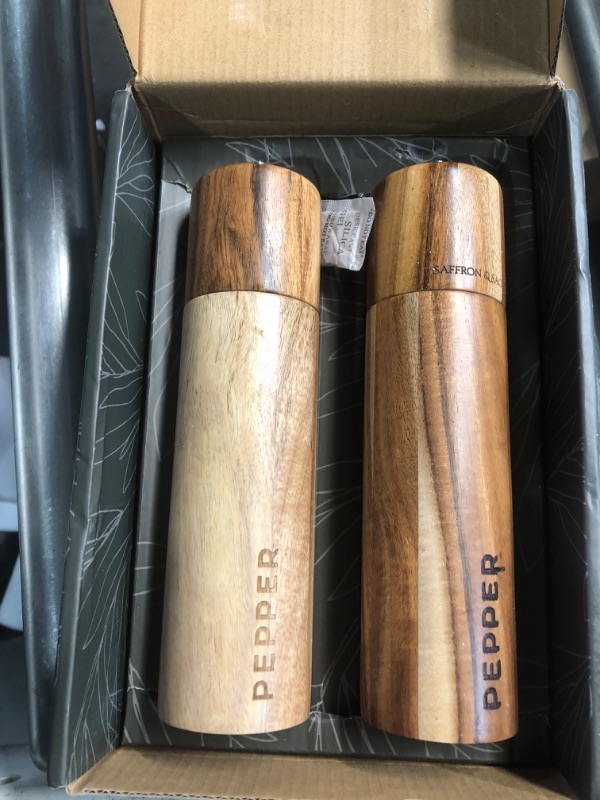 Photo 1 of ***(BOTH ARE PEPPER GRINDERS)***
Saffron & Sage Premium Acacia Wood Salt and Pepper Grinder Set of 2-8” Tall Salt and Peppercorn Mill with Adjustable Coarse Settings, Rust Resistant, Smooth and Quality Grinding Mechanism