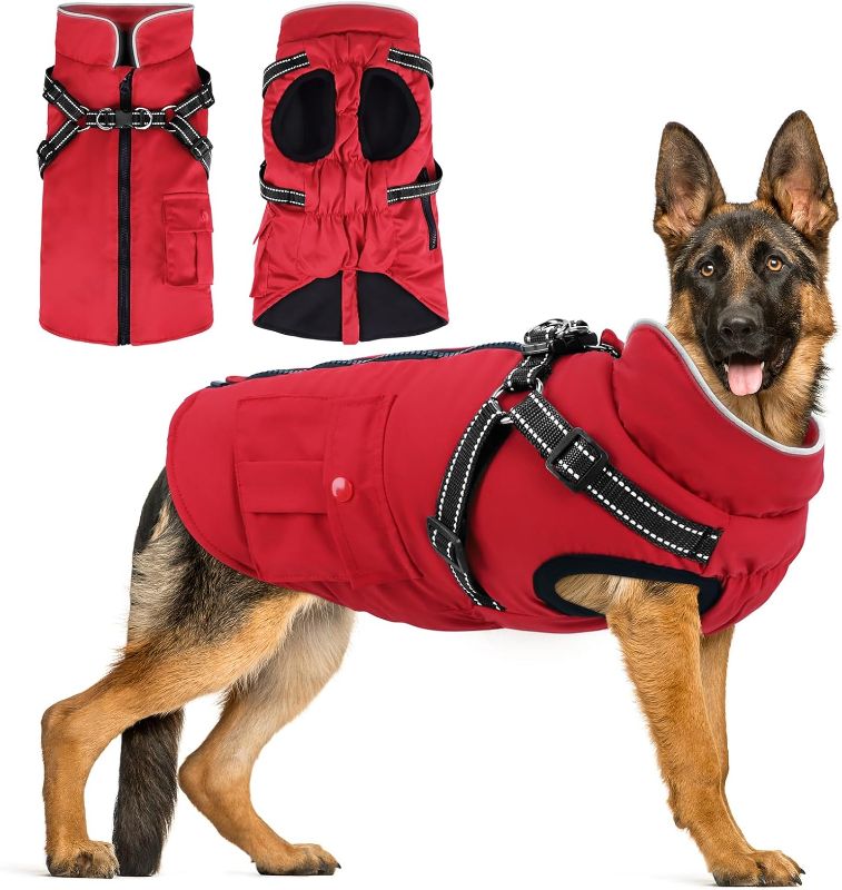 Photo 1 of (BAGGED) Dog Winter Coat with Harness | Dog Jacket Waterproof with Zipper and Fleece | Warm Dog Coat with Reflective for Large Dogs?Red?