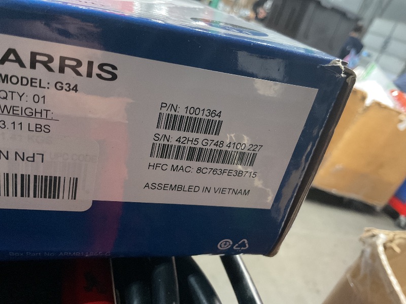 Photo 1 of ARRIS (G34) - Cable Modem Router Combo - Fast DOCSIS 3.1 Gigabit WiFi 6 (AX3000), Approved for Comcast Xfinity, Cox, Spectrum & More, 1 Gbps Max Internet Speeds 
SN: 42H5 G748 4100 227