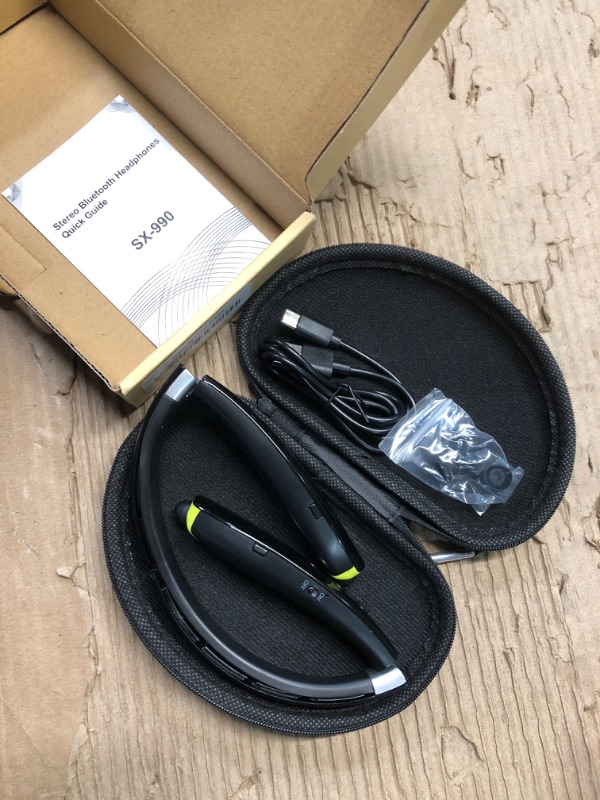 Photo 3 of BEARTWO Bluetooth Headphones, Upgraded Foldable Wireless Neckband Headset with Retractable Earbuds, Noise Cancelling Stereo Earphones with Mic for Workout, Running, Driving (with Carry Case)