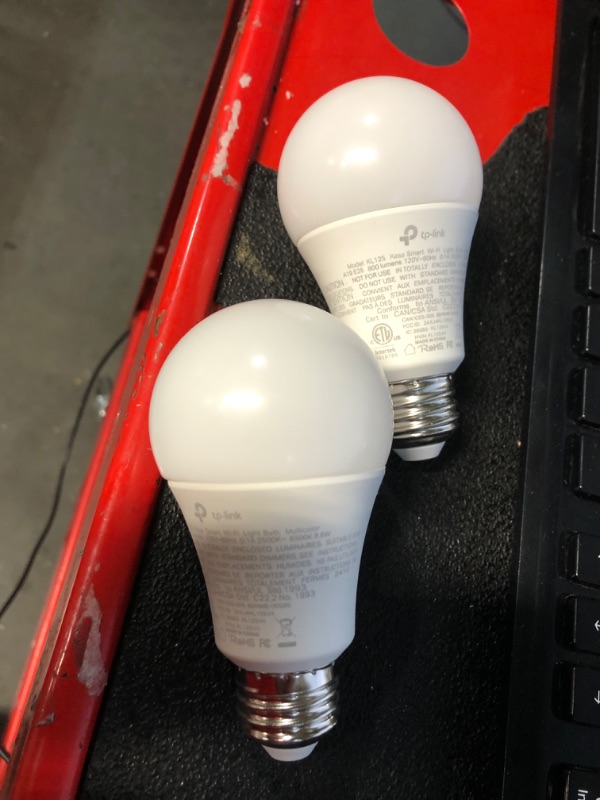 Photo 1 of ***MISSING 2 BULBS - SEE PICTURES - UNABLE TO TEST***
Kasa Smart Light Bulbs, Full Color Changing Dimmable Smart WiFi Bulbs Compatible with Alexa and Google Home, A19, 9W 800 Lumens,2.4Ghz only, No Hub Required, 2 Count (Pack of 1), Multicolor (KL125P4)