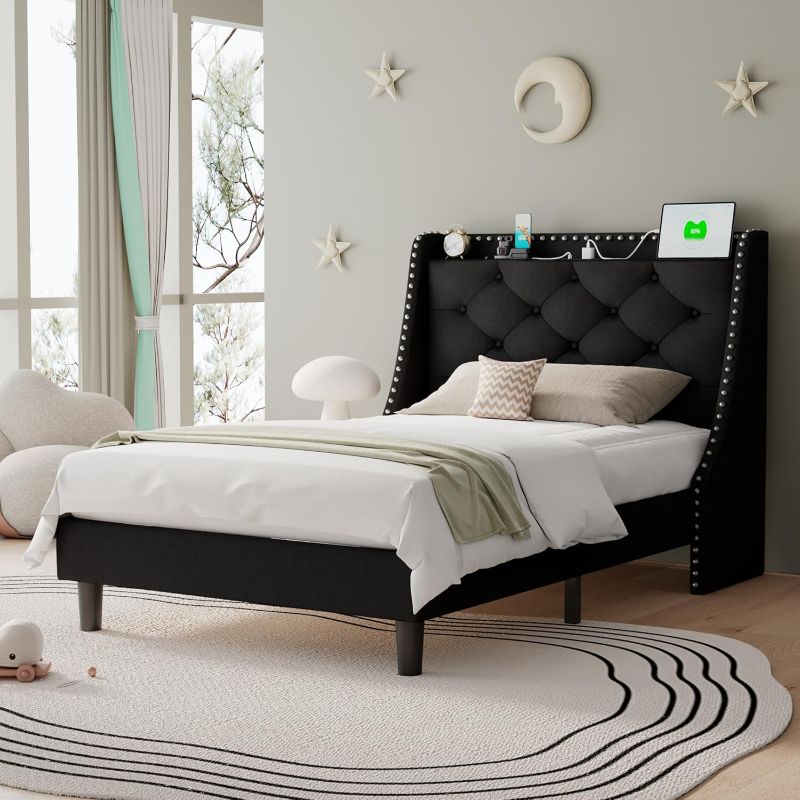 Photo 1 of ***INCOMPLETE - SEE COMMENTS***
Twin Size Bed Frame with Wingback Button Tufted Storage Headboard and Type AC Ports, Upholstered Platform Bed, Heavy Duty Slats Support, No Box Spring Needed, Easy Assembly, Black