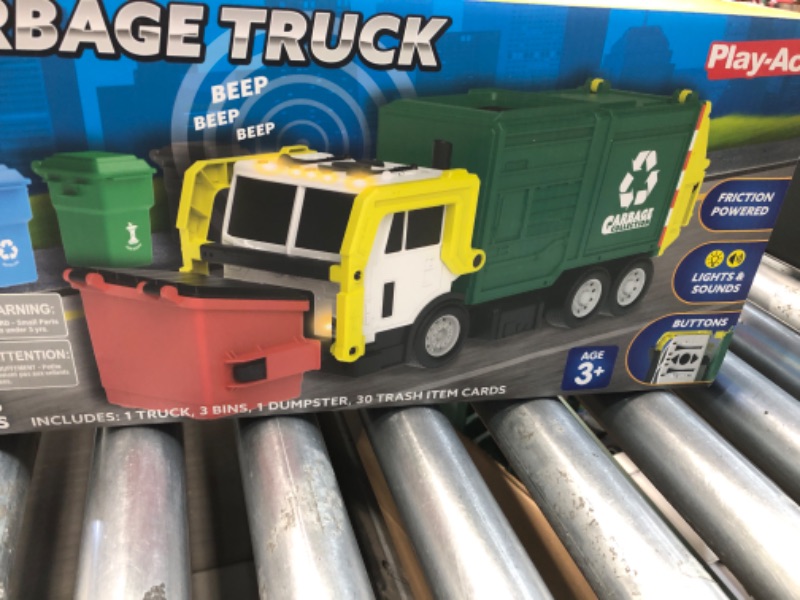 Photo 1 of (See images)JOYIN Large Friction Powered Garbage Truck Toy Set, Includes Dumpster, Trash Bins, and Learning Cards for Kids