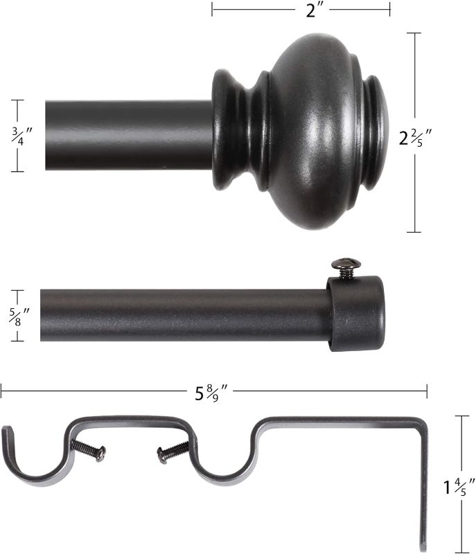 Photo 1 of (USED/FAIR) Elegant Window Treatment Telescoping Double Curtain Rod Set with Classic Cap, 3/4-Inch Diameter, Adjusts from 66 to 120 Inches, Pewter
