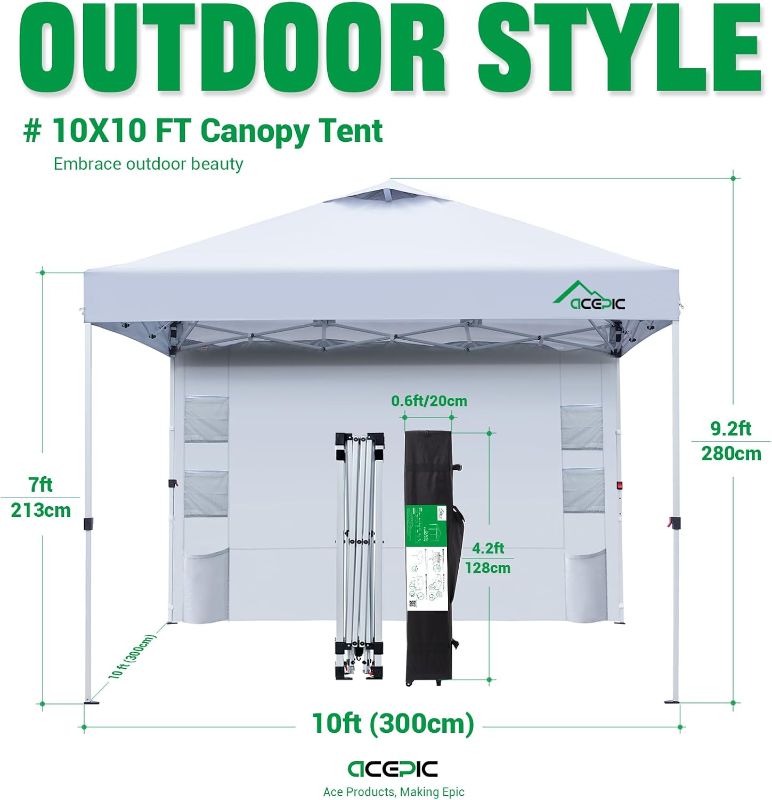 Photo 1 of (PARTS) (NOT A COMPLETE SET) Acepic 10x10 Pop Up Canopy Tent with Pocket Sidewall, Instant Easy Setup Sun Shelter with Vented Roof, Carrying Wheel Bag, 8 Stakes & 4 Sandbags, Outdoor Shade for Beach, Camping, Patio
