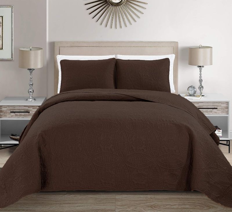 Photo 1 of (QUILT ONLY) (KING XL) Fancy Collection Embossed Coverlet Bedspread Over Size Set Solid # Austin (Coffee/Dark Brown, King/California King)
