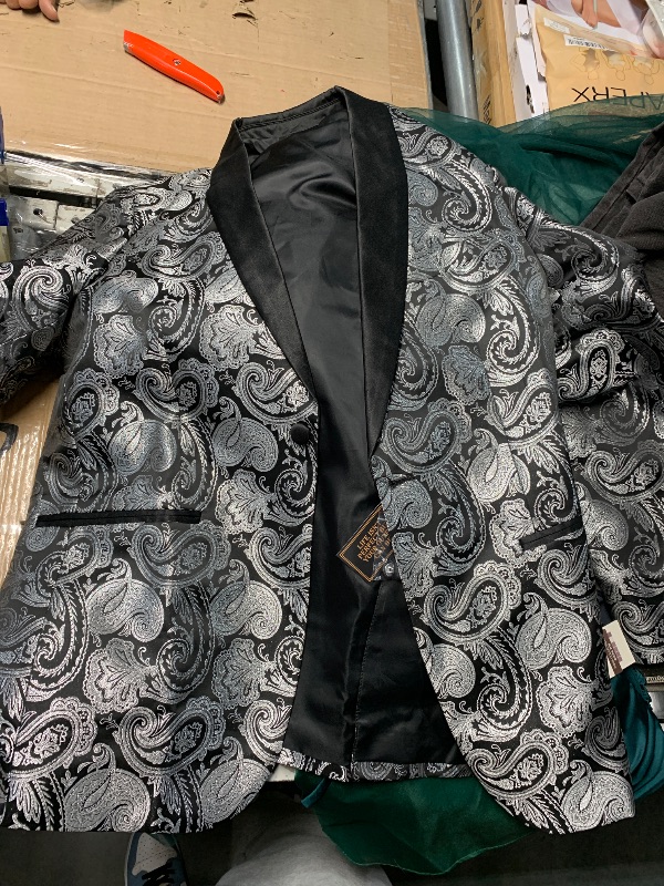 Photo 1 of (SMALL) (BAGGED) (JACKET ONLY) DiBanGu Mens Blazer One Button Shawl Lapel Tuxedo Sport Coat Casual Dress Suit Jacket for Men Wedding Party Prom, Black and Silver, Medium
