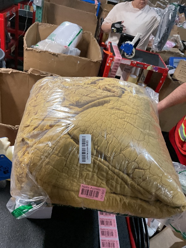 Photo 1 of HORIMOTE HOME Yellow Ruffled Quilt King Size, Stone-Washed Microfiber Lightweight Crinkled Farmhouse Rustic Shabby Chic Bedding Set, 3 Pieces Reversible Bedspread with Pillow Shams for All Season