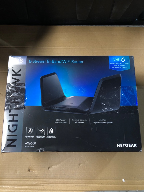 Photo 6 of (POWER TESTED) (MISSING ACCESSORIES) NETGEAR Nighthawk 8-Stream WiFi 6 Router (RAX70) - Security Features, AX6600 Tri-band Wireless Speed (up to 6.6 Gbps) - Coverage up to 2,500 sq. ft., 40 Devices