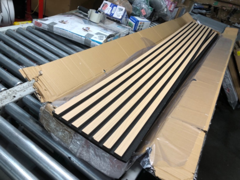 Photo 1 of ***USED - DAMAGED - SEE PICTURES***
4 Pack Wood Wall Panels, MDF Soundproof 3D Wall Paneling for Interior Wall Decor, Wood Textured Acoustic Fluted Accent Wall Panel,Sound Absorbing, Natural Oak, 94 Inch, ?94.49 x 11.5 x 0.83 inches