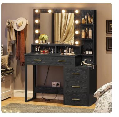 Photo 1 of ***Deks only, No mirror***

Vanity Desk with Mirror and Lights,Makeup Table with 5 Drawers and Shelves,Makeup Vanity with Lights and Charging Station,Black