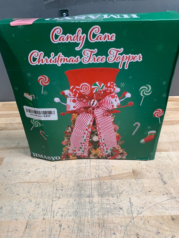 Photo 1 of HMASYO Candy Cane Christmas Tree Topper, Velvet Red Tree Topper Hat with Candy Peppermint Bows Ribbon Ornament, Top Hat Christmas Tree Topper for Home Office Holiday Tree Decoration Xmas Gift