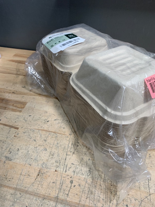Photo 1 of [50 COUNT]Harvest Pack PFAS FREE 6 X 6" Compostable Square Hinged Container, Single Compartment Clamshell Takeout Box, Heavy-Duty Bagasse Food Container, Made from Eco-Friendly Plant Fibers