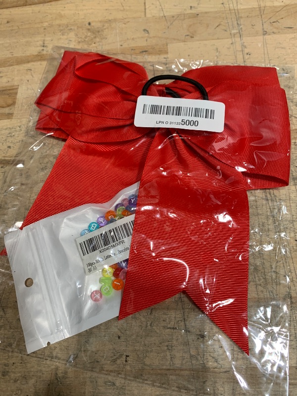 Photo 1 of 2 Packs Jumbo Cheerleading Bow 8 Inch Large Cheer Hair Bows with Ponytail Holder for Teen Girls Softball Outfit Uniform(Red) and 100pcs Acrylic Letter Beads Alphabet White Letters Transparent Colorful Beads 4×7mm for Friendship Bracelets Jewelry Making