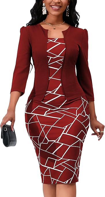 Photo 1 of (BAGGED) (LARGE) Women's Reto Bodycon Midi Dresses 3/4 Sleeve Teacher Church Wear to Work Modest Business Outfits Faux Blazer Suiting Pencil Dress, Maroon