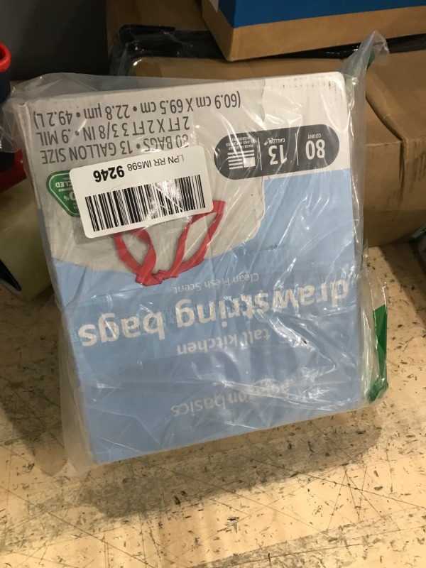 Photo 1 of Amazon Basics 13 Gallon Tall Kitchen Drawstring Trash Bags, Clean Fresh Scent, 10% Post Consumer Recycled, 80 count