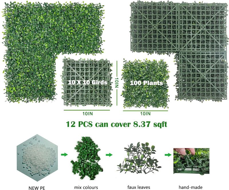 Photo 1 of (USED/FAIR) Bybeton Artificial Grass Wall Panel,10"x 10"(12Pcs) Boxwood Faux Green Wall Panels for Interior Wall, Backdrop Wall,Garden Wall and Indoor Outdoor Plant Wall Decor