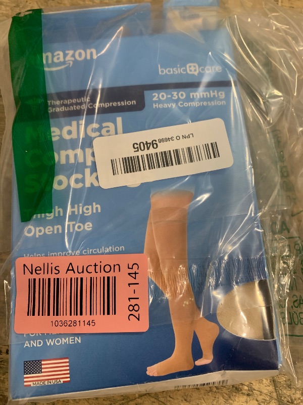 Photo 1 of Amazon Basic Care Medical Compression Stockings, 20-30 mmHg Support, Women & Men Thigh Length Hose, Open Toe, Beige, Large (Previously NuVein)