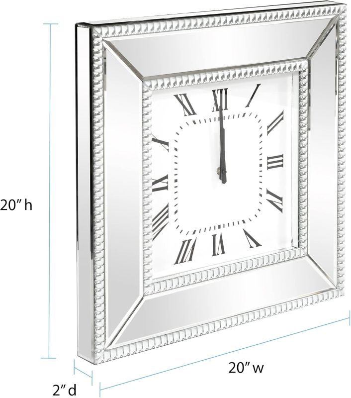Photo 1 of (MISSING BATTERY) (GLASS AROUND CLOCK IS BROKEN) Howard Elliott Mirrored Finish Wall Clock with Beaded Glass Trim, Decorative Silver Mirror Clock for Home & Office Wall Decoration, Gifting Idea for Wedding, Anniversary & Birthdays, 20 x 20 inch