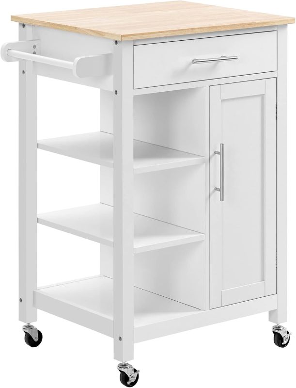 Photo 1 of  Kitchen Island Cart, Rolling Kitchen Island with Storage Shelf, Solid Wood Top, Drawer, for Dining Room, White
