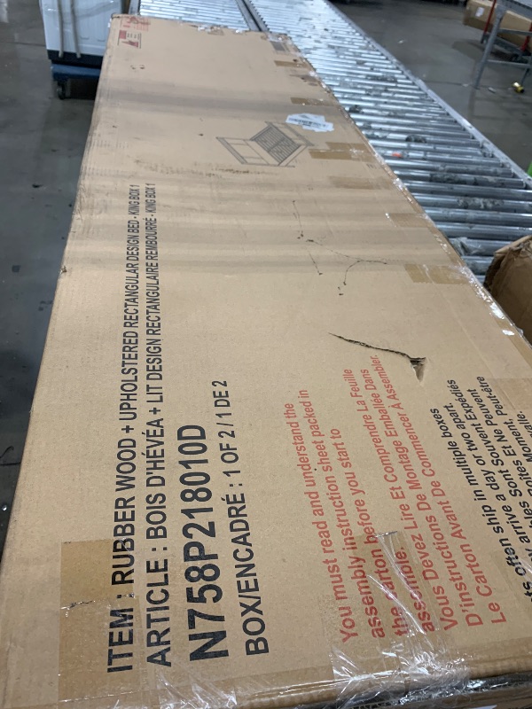 Photo 1 of ... 1 OF 2 BOXS MISSING BOX 2... Christopher Knight Home Ruby King Size Platform Bed Frame, Ivory Boucle Fabric Upholstered Headboard and Footboard, Wood Bed Support and Slat, Fully Mattress Foundation, No Box Spring Needed, Gray