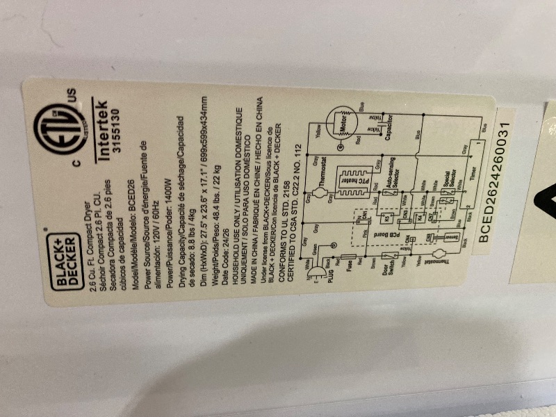 Photo 1 of BLACK+DECKER BCED26 Compact Dryer for Standard Wall Outlet, Small, 5 Modes, Load Volume 8.8 lbs., White