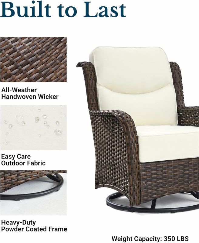 Photo 1 of (PARTS FOR SINGLE CHAIR) (NOT A COMPLETE SET) HILLGA Luxury High Back Outdoor Swivel Rocker Patio Chairs Set of 2, Patio Furniture Set with 6-Inch Thick Cushions and Side Table, Ideal for Porch, Poolside, Deck, and Yard in Cream White