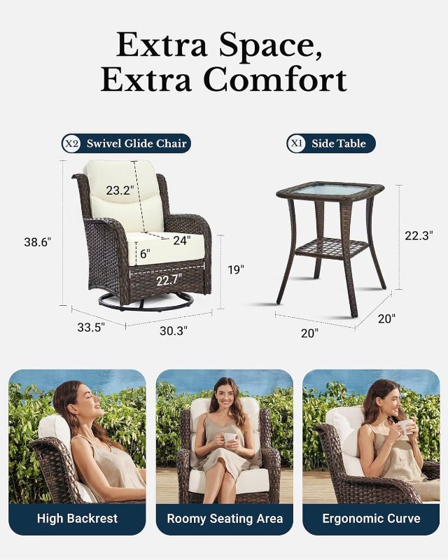 Photo 1 of (PARTS FOR SINGLE CHAIR) (NOT A COMPLETE SET) HILLGA Luxury High Back Outdoor Swivel Rocker Patio Chairs Set of 2, Patio Furniture Set with 6-Inch Thick Cushions and Side Table, Ideal for Porch, Poolside, Deck, and Yard in Cream White